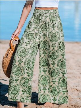 Wide Leg Printed Linen-Blend Pants